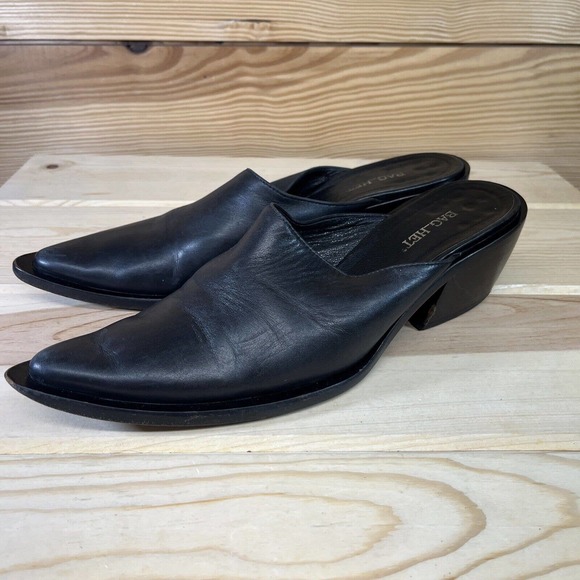 Bag Het Womens Shoes 7.5 8 EU 38 Black Leather Mules Pointy ToesMade in Italy - Picture 7 of 15